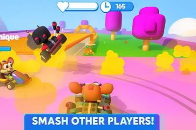 A cartoon character is riding a motorcycle in a game.